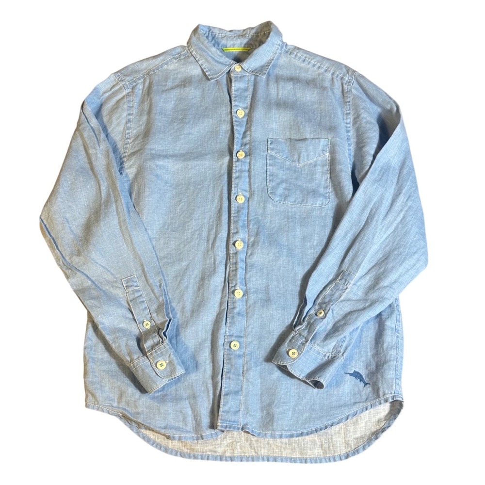 Tommy Bahama Button Up Shirt Mens Small Light Blue 100% Linen Long Sleeve Marlin